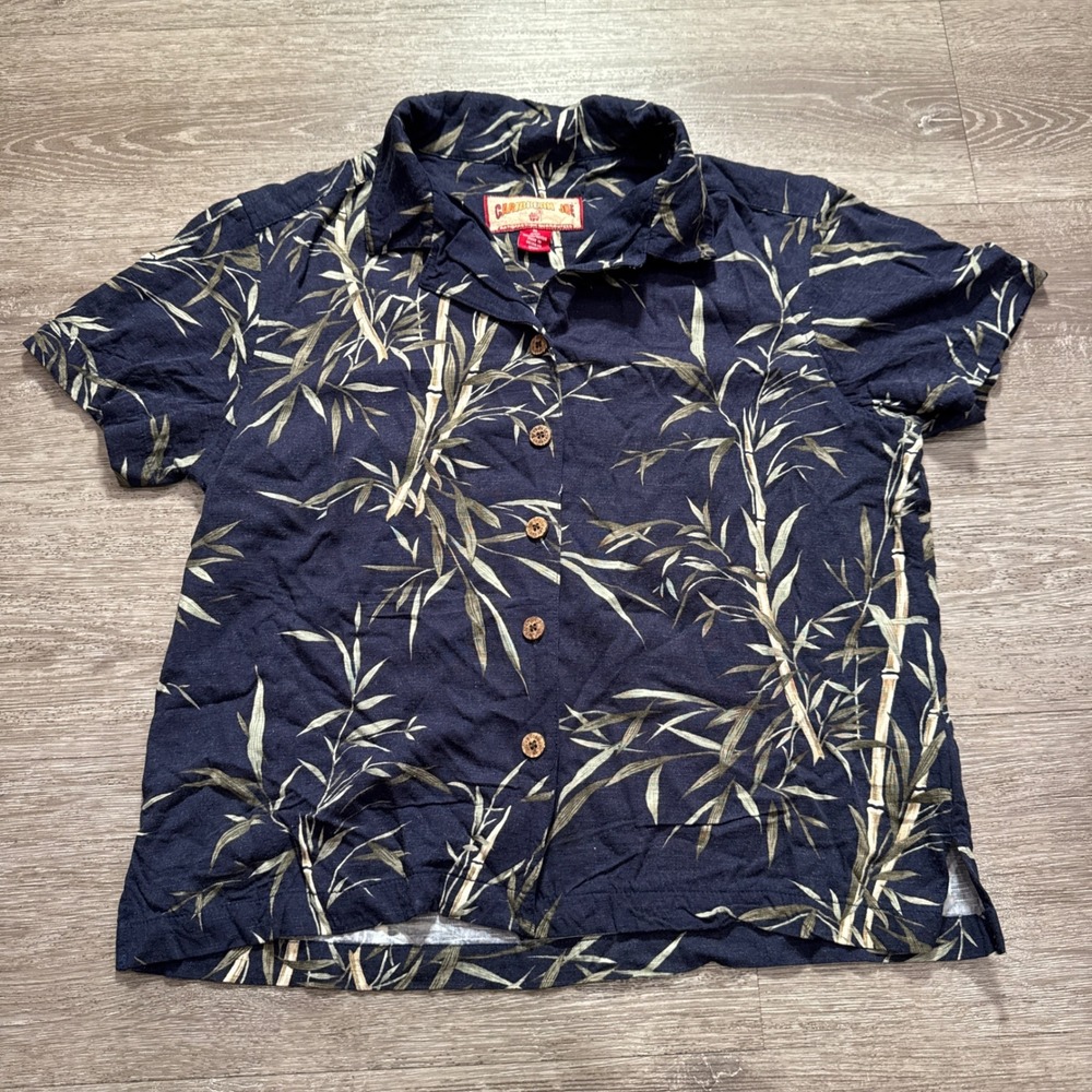 Caribbean Joe Shirt Women M Navy Rayon Bamboo Print Tropical Vacation Summer‎